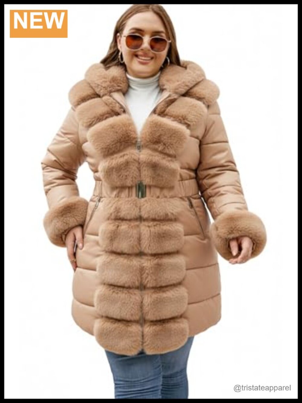 Plus Size Faux Leather Quilted Puffer Coat with Fur Trim Hood